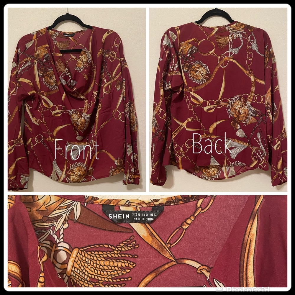 It’s a SHEIN blouse. It’s multi colored with a designer pattern